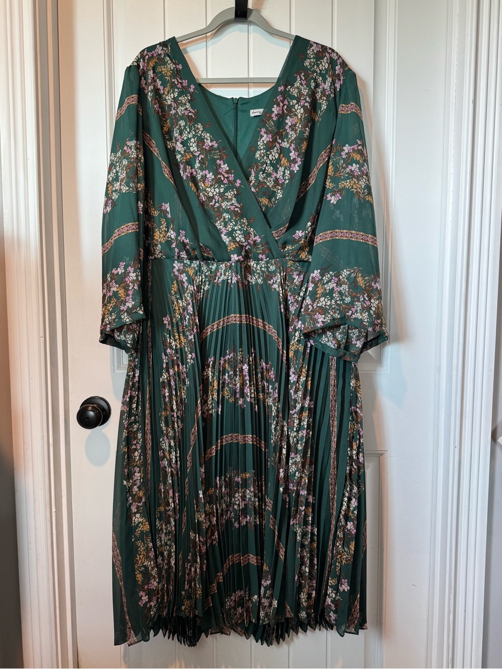 Danny & Nicole Forest Green Floral Pleated Wrap Midi Dress